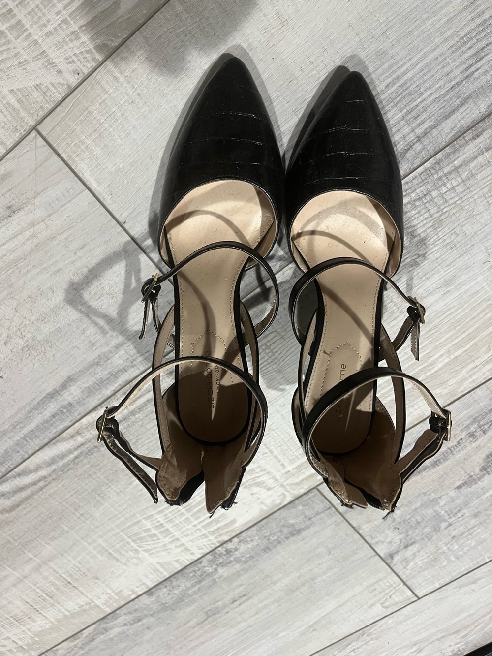 Black Pointed-Toe Ankle-Strap Flats